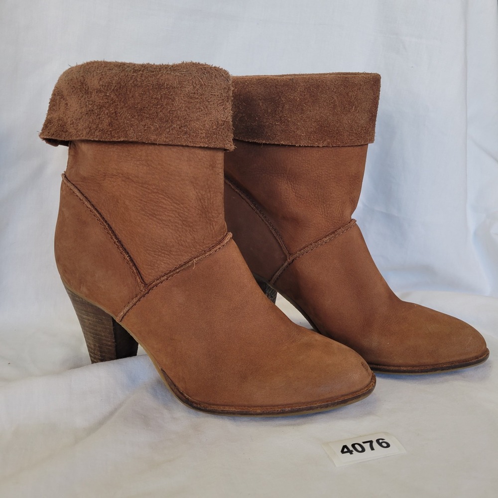 Brown Leather Suede Fold Over Heel Ankle Boots Women Size 10 Stacked Heel